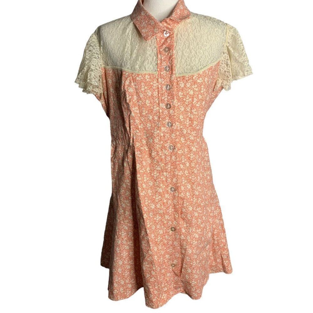Vintage Lace Yoke Mini Shirt Dress Womens M Pink Floral Country Western
